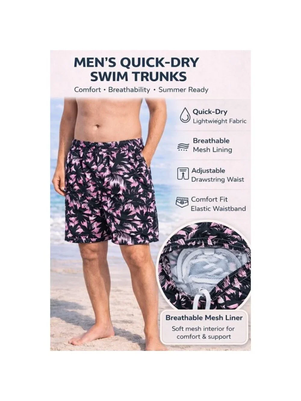 Men's Quick Dry Swim Trunks, Palm Tree Pattern, P35 - Picture 2 of 4